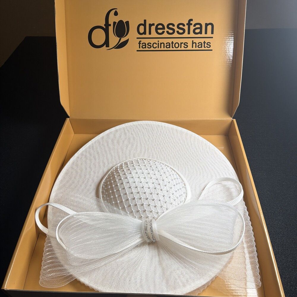 Dressfan White Fascinator Hat Wide Brim Church Derby Wedding Tea Party Netting